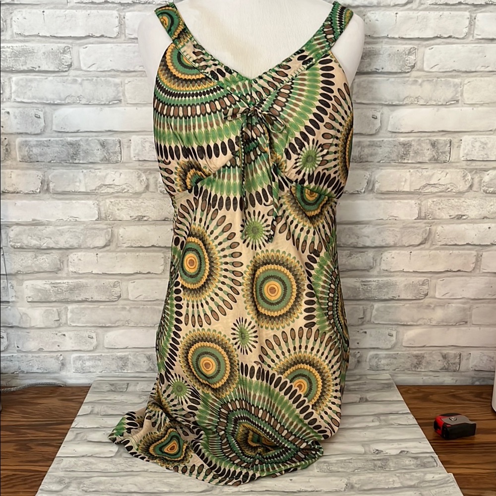 Funky People Vibrant Patterned Sleeveless Dress padded bodice green yellow brown
